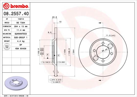 Brembo 08.2557.40 - Гальмівний диск autocars.com.ua