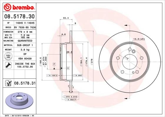 Brembo 08.5178.30 - Гальмівний диск autocars.com.ua