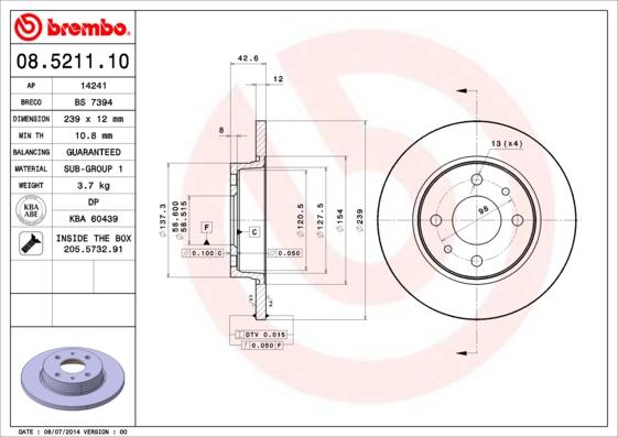 Brembo 08.5211.10 - Тормозной диск autodnr.net