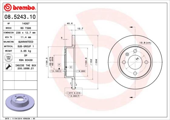 Brembo 08.5243.10 - Тормозной диск avtokuzovplus.com.ua