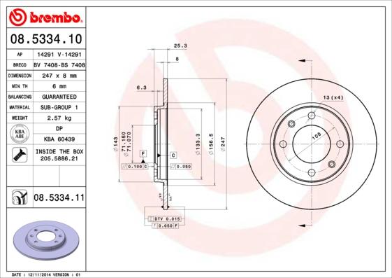 Brembo 08.5334.10 - Гальмівний диск autocars.com.ua