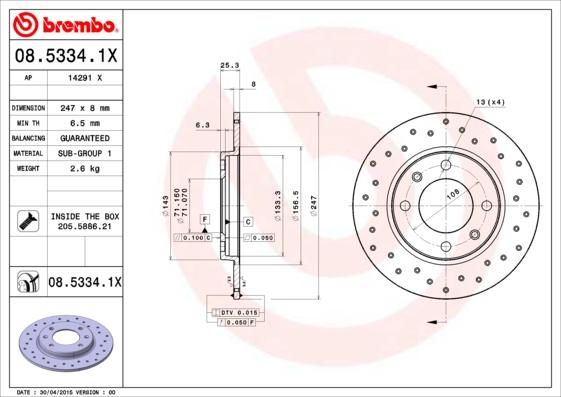 Brembo 08.5334.1X - Тормозной диск avtokuzovplus.com.ua