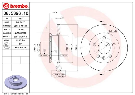 Brembo 08.5396.10 - Гальмівний диск autocars.com.ua