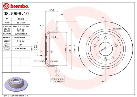 Brembo 08.5698.10 - Гальмівний диск autocars.com.ua