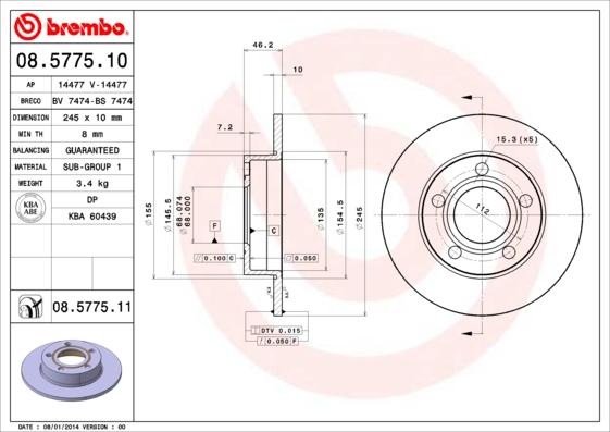 Brembo 08.5775.11 - Тормозной диск autodnr.net