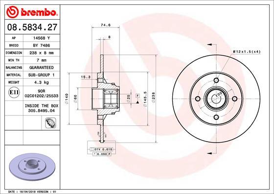 Brembo 08.5834.27 - Тормозной диск avtokuzovplus.com.ua