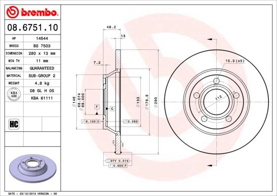 Brembo 08.6751.10 - Гальмівний диск autocars.com.ua