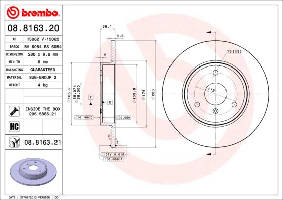 Brembo 08.8163.20 - Тормозной диск avtokuzovplus.com.ua