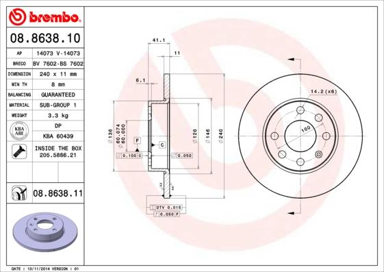 Brembo 08.8638.11 - Гальмівний диск autocars.com.ua