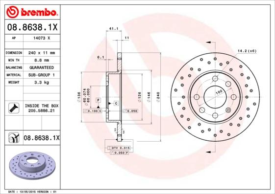 Brembo 08.8638.1X - Тормозной диск autodnr.net