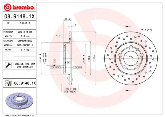 Brembo 08.9148.1X - Тормозной диск avtokuzovplus.com.ua