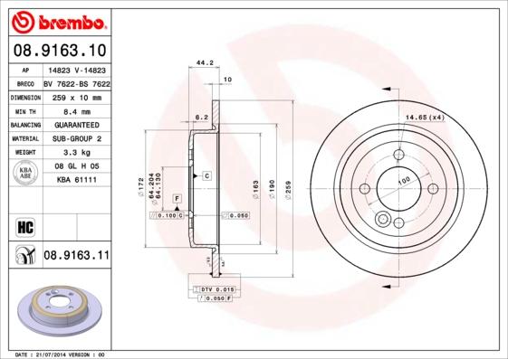 Brembo 08.9163.11 - Тормозной диск avtokuzovplus.com.ua