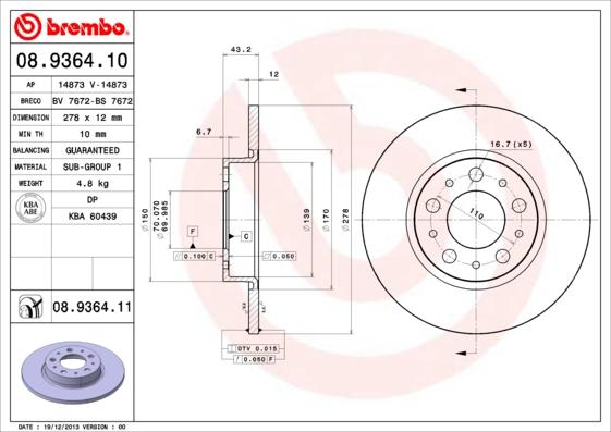 Brembo 08.9364.10 - Гальмівний диск autocars.com.ua