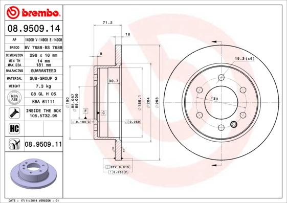 Brembo 08.9509.11 - Тормозной диск autodnr.net