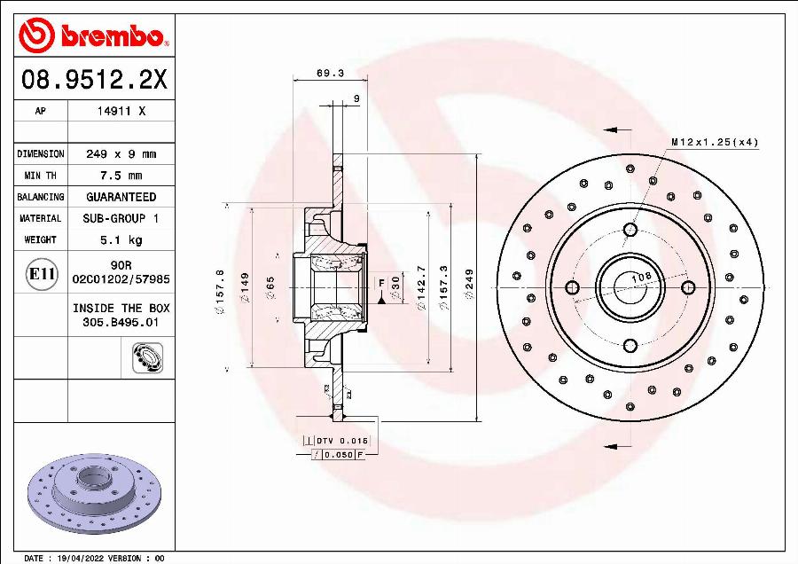 Brembo 08.9512.2X - Тормозной диск avtokuzovplus.com.ua