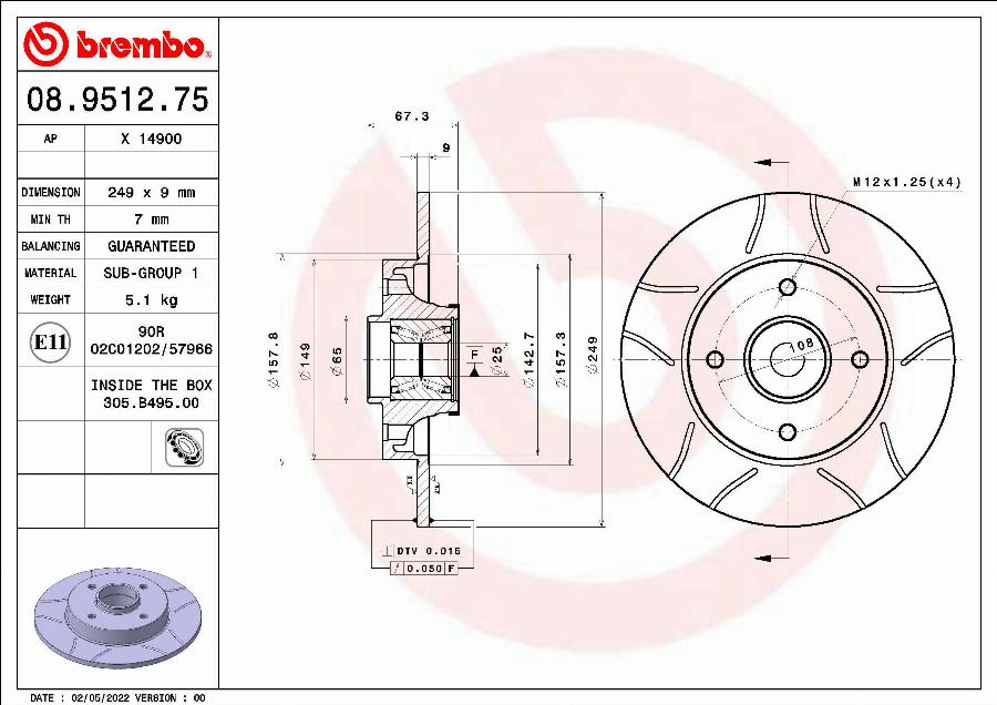 Brembo 08.9512.75 - Гальмівний диск autocars.com.ua