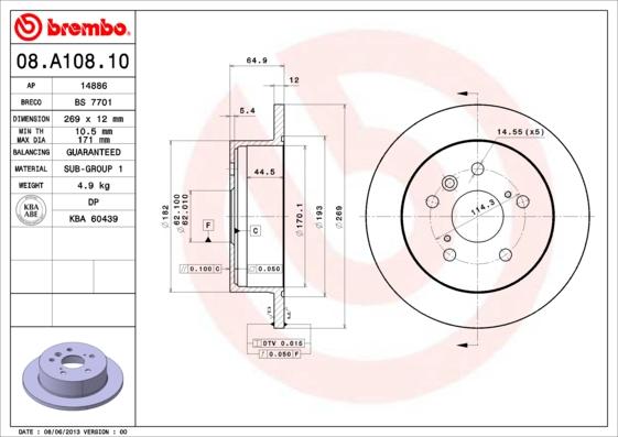 Brembo 08.A108.10 - Тормозной диск avtokuzovplus.com.ua