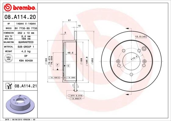 Brembo 08.A114.20 - Гальмівний диск autocars.com.ua