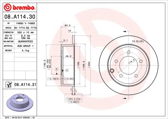 Brembo 08.A114.30 - Тормозной диск avtokuzovplus.com.ua