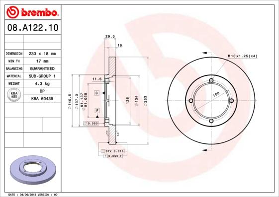 Brembo 08.A122.10 - Тормозной диск avtokuzovplus.com.ua