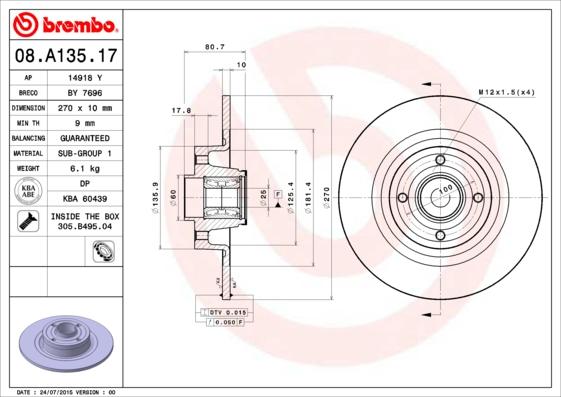 Brembo 08.A135.17 - Гальмівний диск autocars.com.ua