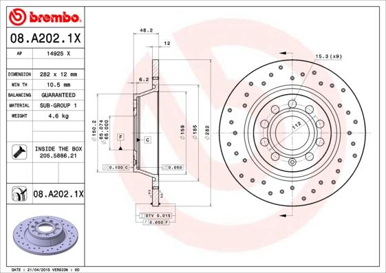 Brembo 08.A202.1X - Гальмівний диск autocars.com.ua