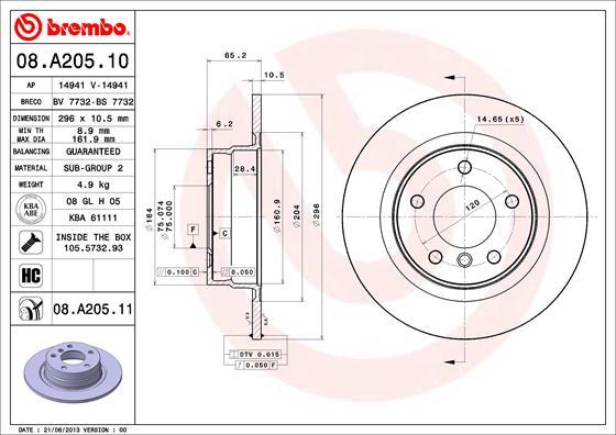 Brembo 08.A205.10 - Гальмівний диск autocars.com.ua