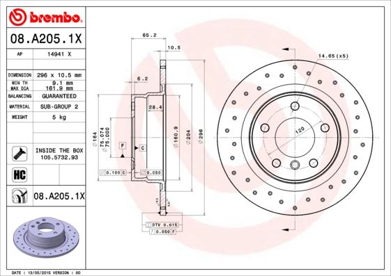 Brembo 08.A205.1X - Тормозной диск avtokuzovplus.com.ua