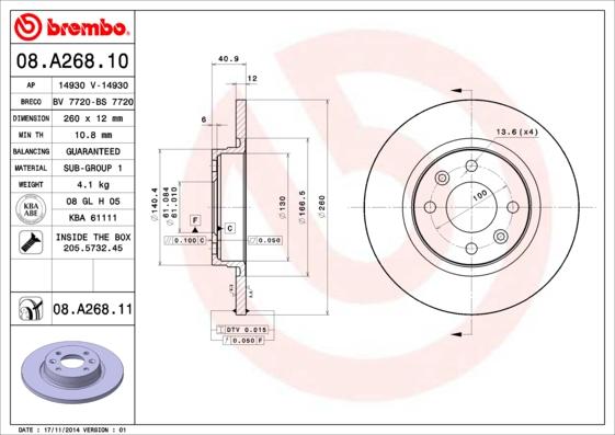 Brembo 08.A268.10 - Тормозной диск autodnr.net