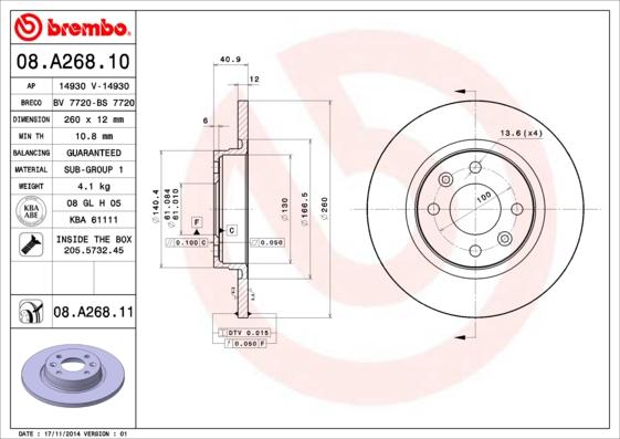 Brembo 08.A268.11 - Тормозной диск avtokuzovplus.com.ua