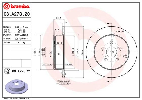 Brembo 08.A273.21 - Тормозной диск avtokuzovplus.com.ua