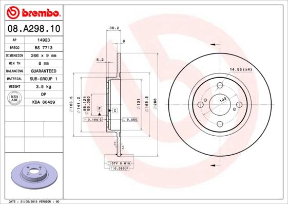 Brembo 08.A298.10 - Тормозной диск avtokuzovplus.com.ua