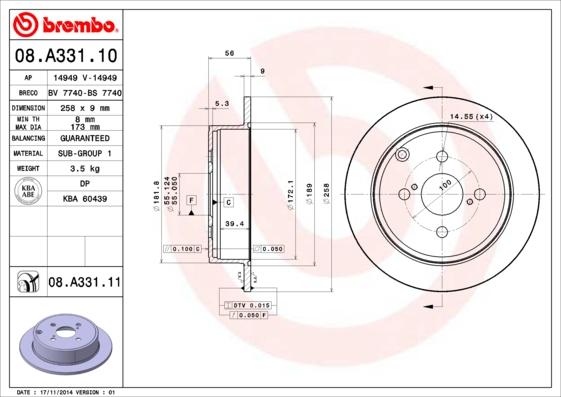 Brembo 08.A331.10 - Тормозной диск avtokuzovplus.com.ua