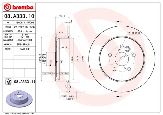 Brembo 08.A333.10 - Тормозной диск avtokuzovplus.com.ua