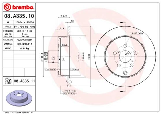 Brembo 08.A335.10 - Тормозной диск avtokuzovplus.com.ua