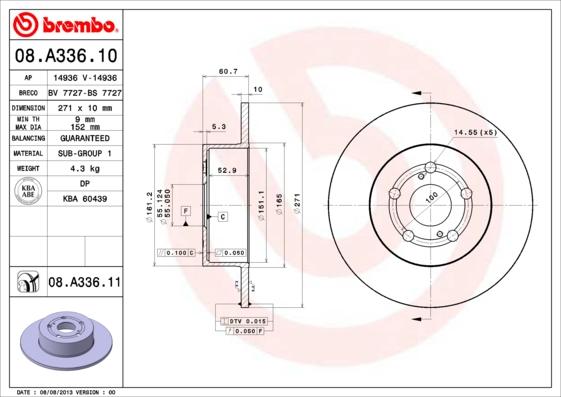 Brembo 08.A336.10 - Тормозной диск avtokuzovplus.com.ua