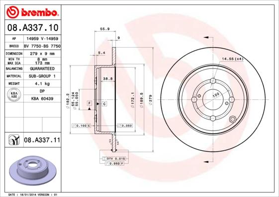 Brembo 08.A337.10 - Тормозной диск avtokuzovplus.com.ua