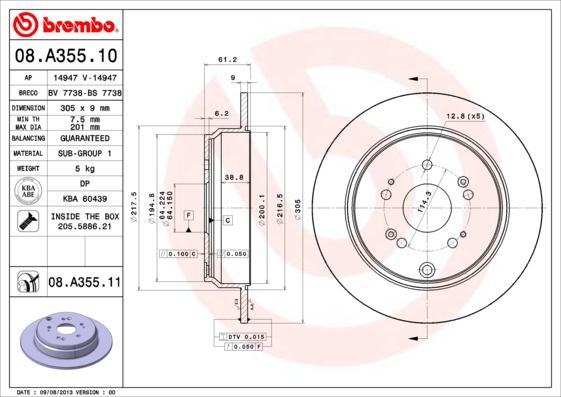 Brembo 08.A355.11 - Гальмівний диск autocars.com.ua