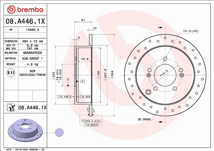 Brembo 08.A446.1X - Гальмівний диск autocars.com.ua