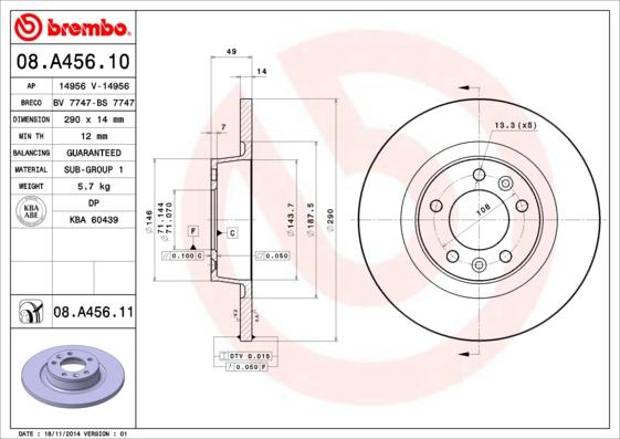 Brembo 08.A456.11 - Гальмівний диск autocars.com.ua