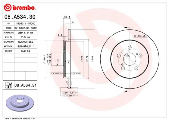 Brembo 08.A534.30 - Тормозной диск avtokuzovplus.com.ua