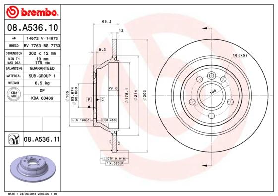 Brembo 08.A536.10 - Гальмівний диск autocars.com.ua