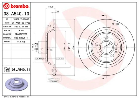 Brembo 08.A540.11 - Гальмівний диск autocars.com.ua