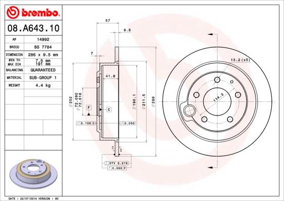 Brembo 08.A643.10 - Гальмівний диск autocars.com.ua