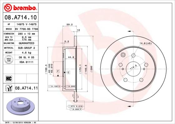 Brembo 08.A714.11 - Гальмівний диск autocars.com.ua