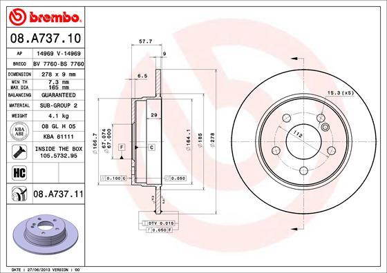 Brembo 08.A737.10 - Тормозной диск avtokuzovplus.com.ua