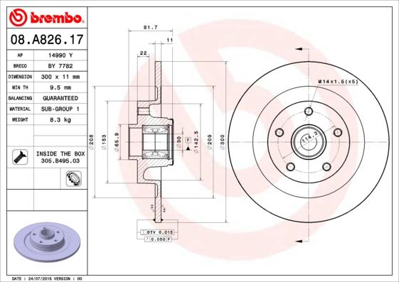 Brembo 08.A826.17 - Гальмівний диск autocars.com.ua