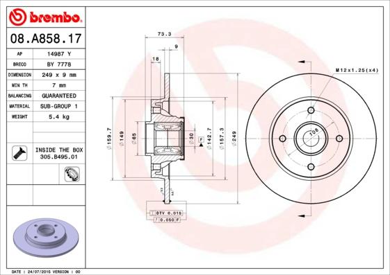 Brembo 08.A858.17 - Тормозной диск avtokuzovplus.com.ua