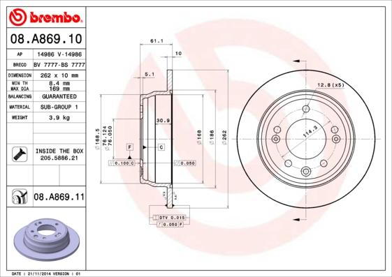 Brembo 08.A869.11 - Тормозной диск autodnr.net