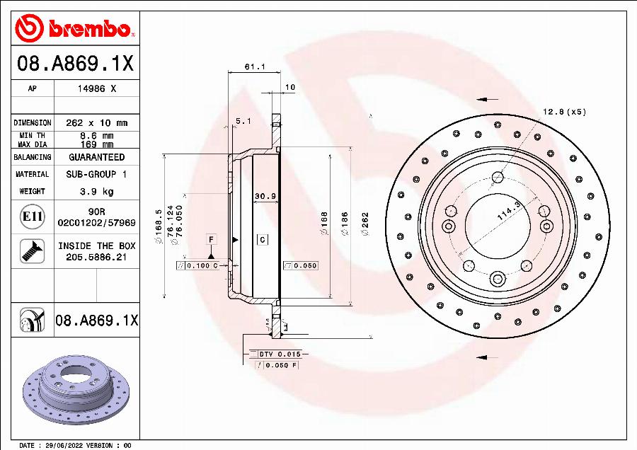 Brembo 08.A869.1X - Тормозной диск autodnr.net